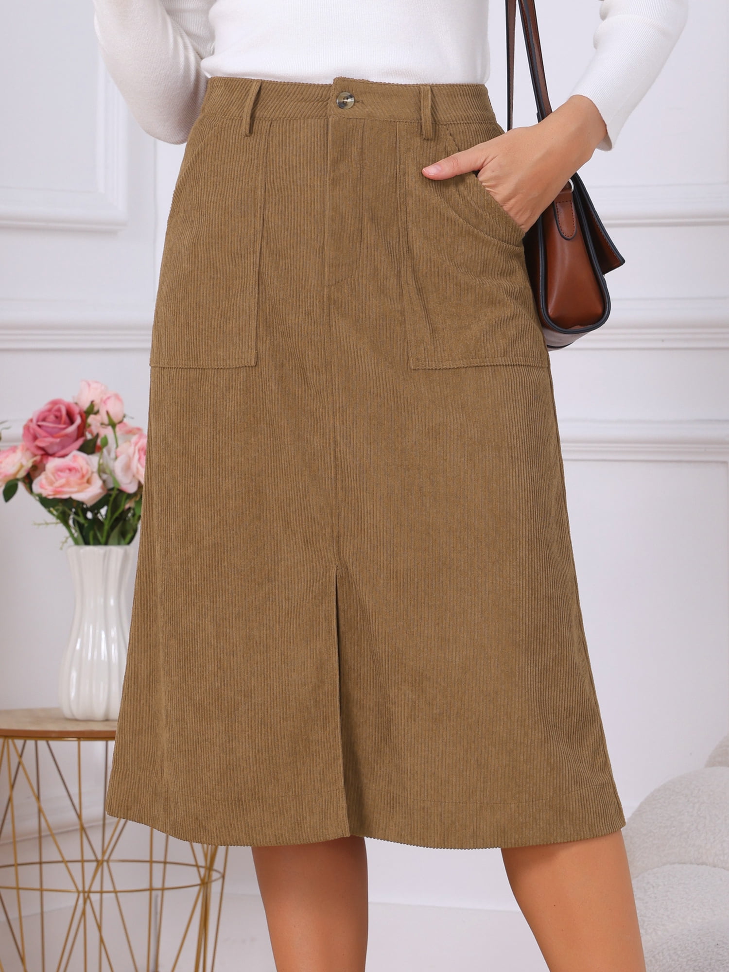 DARING DIVA Women's Corduroy Midi Skirt High Waist A-Line Skirts M Brown