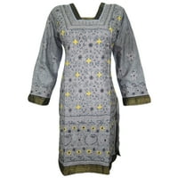 Mogul Women's Designer Tunic Grey Embroidered Cotton Kurta Kaftan Dress