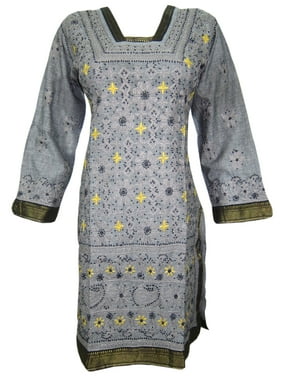 Mogul Women's Designer Tunic Grey Embroidered Cotton Kurta Kaftan Dress