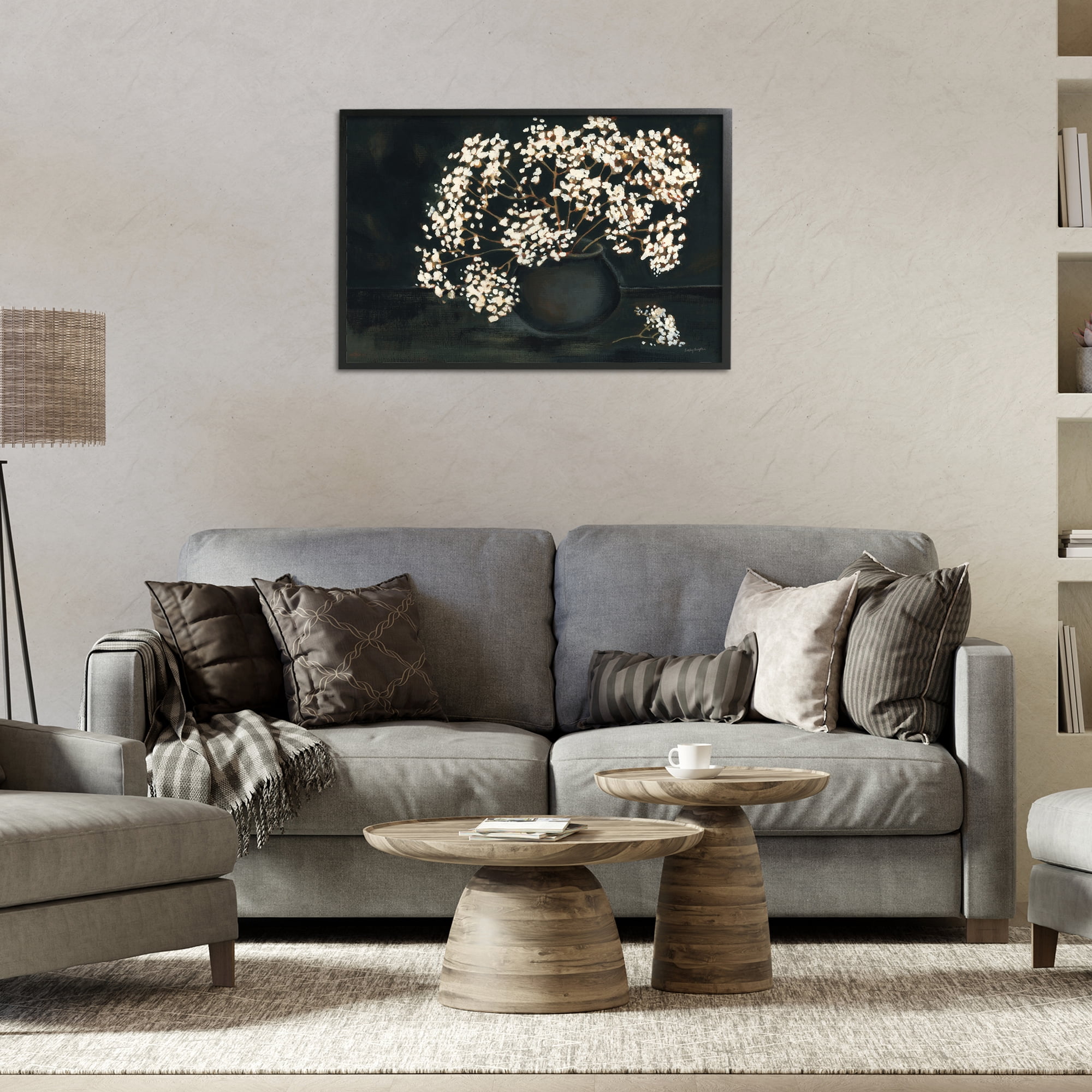 Stupell Industries Baby's Breath on Black Botanical & Floral Painting Black Framed Art Print Wall Art, 30 x 20