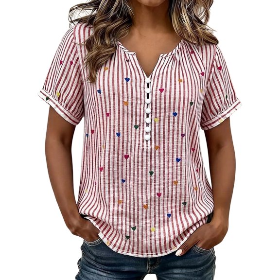 cocolona Womens Summer Striped Printed Tops Short Sleeve V Neck Loose Shirts Casual Pullover Blouses
