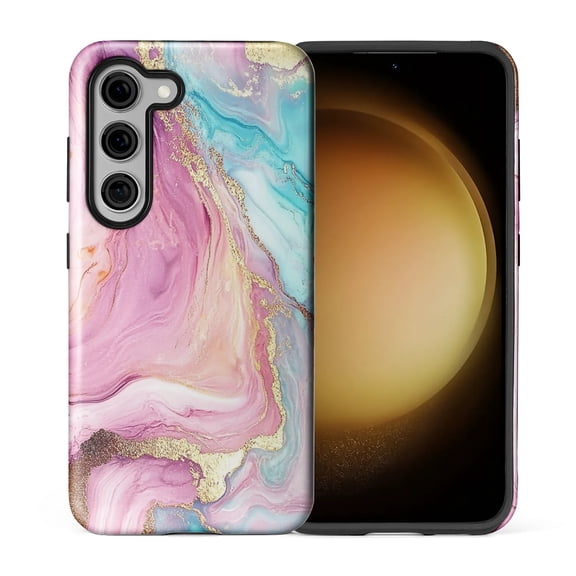 FKBRCL4U Compatible with Samsung Galaxy S23 Case Marble Art Pink Teal Golden Lines Pattern for Girl Full Body Design Soft Silicone Drop Shock Scratch Protection