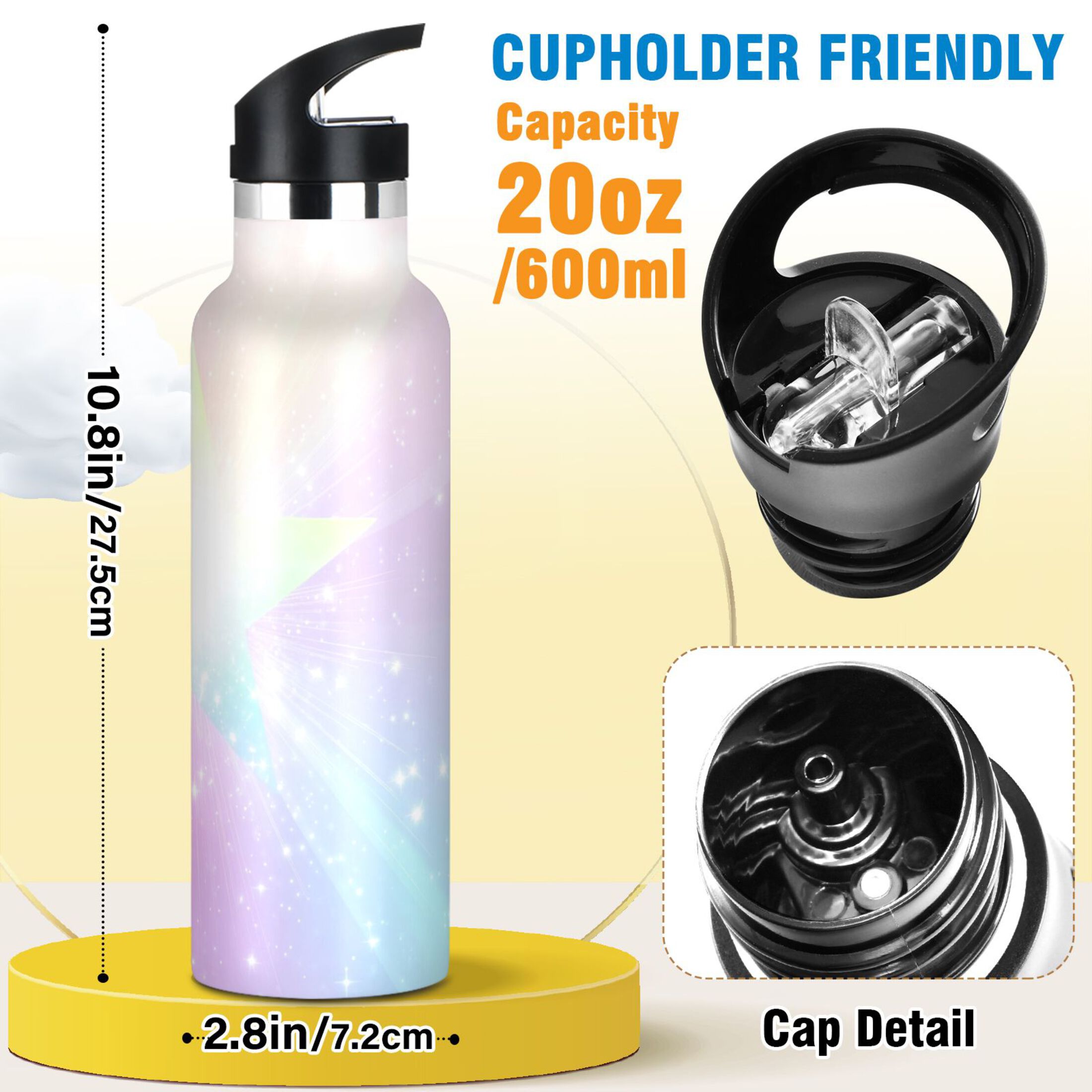 Kids Insulated Stainless Steel Sports Water Bottle 600ml (20oz) Rainbow Gradient Stars