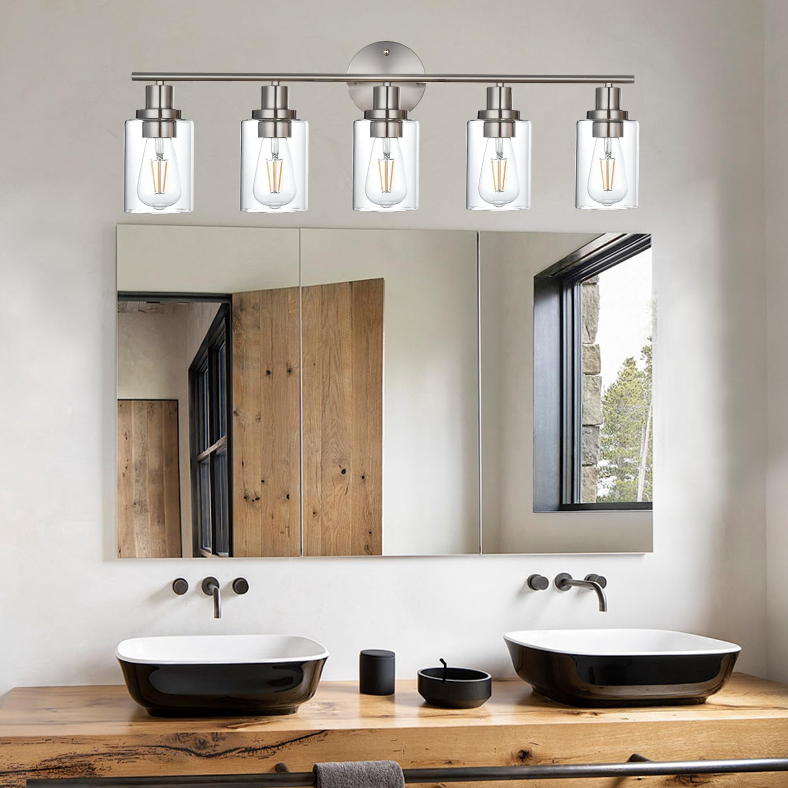 Melucee 5-light Vanity Light with Round Plate – Brushed Nickel Modern Bathroom Light Fixture, Dimmable Wall Sconce for Mirror, Bedroom, Makeup Area