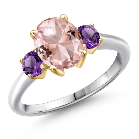 Gem Stone King 925 Silver and 10K Yellow Gold Peach Nano Morganite and Purple Amethyst Engagement Ring for Women | 2.50 Cttw | Oval 9X7MM | Gemstone October Birthstone | Size 8