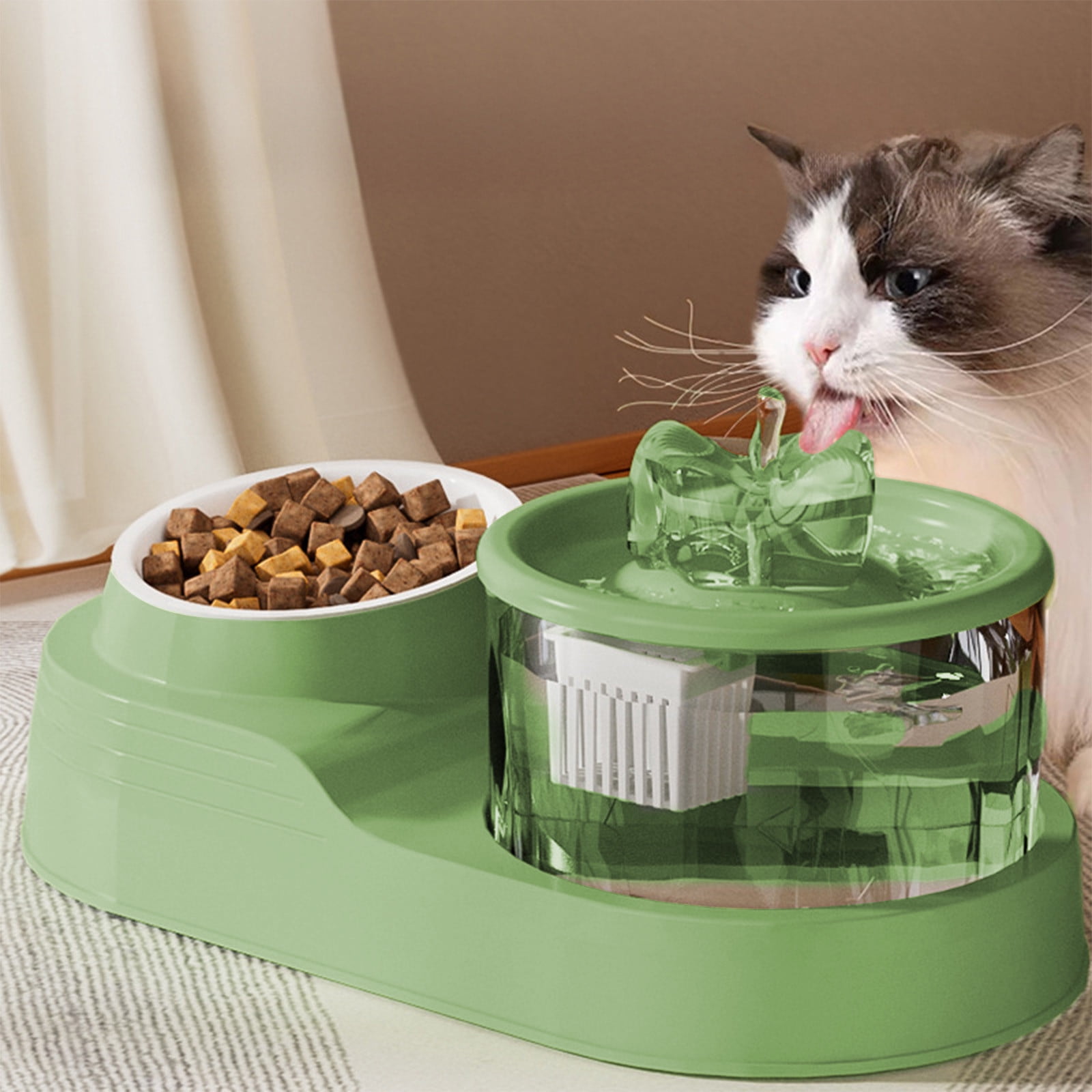 COM1950s Automatic Cat Water Fountain with Food Bowl,2 in 1 Pet Feeder and Drinking Fountain with Splash-Free Design,Anti-Slide Base for Cats and Small Dogs