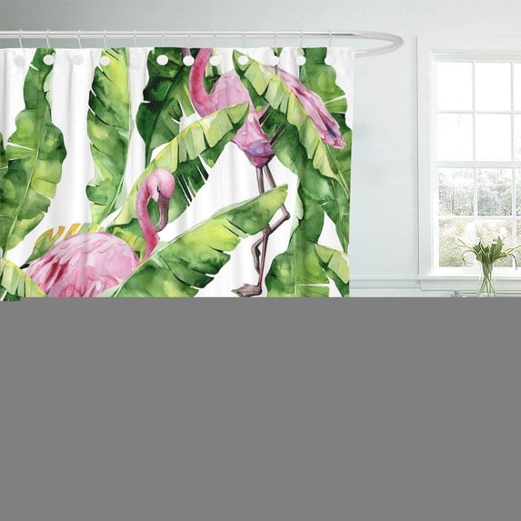 WOPOP Tropical Leaves Dense Jungle Banana Palm Watercolor of Pink Flamingo Birds Polyester Shower Curtain Bathroom Decor 66x72 inches