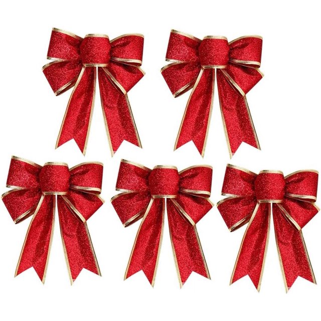 Paquete De 5 Lazos Decorativos De Tela Con Purpurina Navideña - Rojo oso de fresa Electrónica