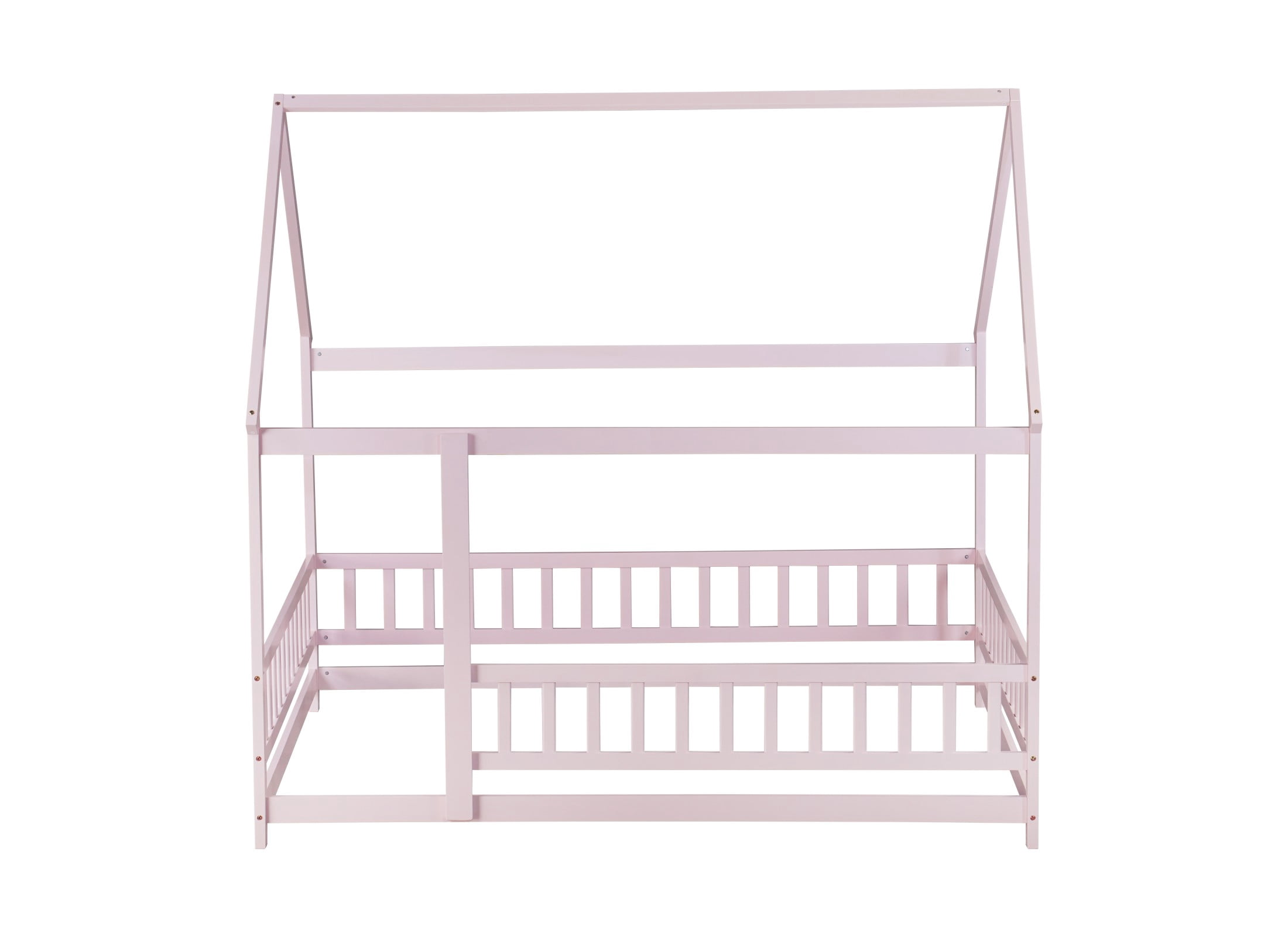 Aukfa Full Size House Bed with Roof, Wood Floor Bed Frame with Fence for Kids Toddler, Pink