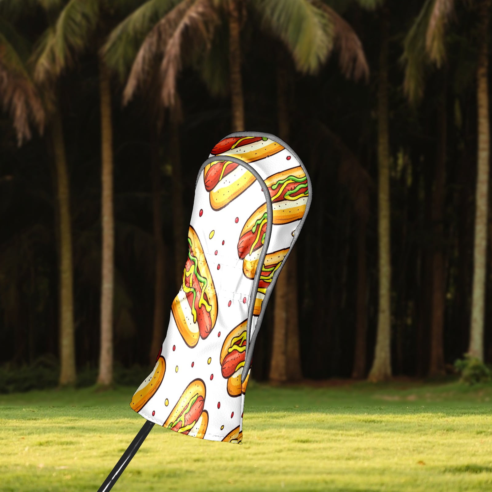 Golf Club Covers PU Leather Waterproof Head Covers for Fairway Woods Hybrids Hot Dog Pattern