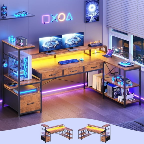 L Shaped Gaming Desk with Storage, Corner Computer Desk with Monitor Stand, LED Lights & Power Outlets, Home Office Desk with Drawers & Open Shelves, Rustic Brown