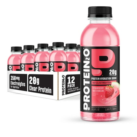 Protein2o 20g Whey Protein Isolate Hydration Drink, 350mg of Electrolytes, Vitamins B5 & B6, Sugar Free, Strawberry Watermelon, 16.9 oz Bottle (12 Count)