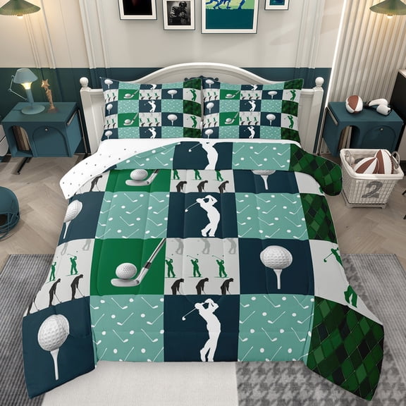Homewish Golf Sport Game Bedding Comforter Set,Patchwork Geometric Checkered Twin Comforter Sets,Green White Bedding Set For Boys Kids,Luxury Bedroom Decor Reversible,2pcs