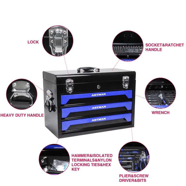 Aukfa 439-Piece Mechanics Tool Set, 3 Drawer Tool Organizer Metal