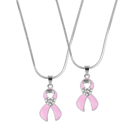 Lux Accessories Matching Pave Heart Bow Breast Cancer Awareness Pink Best Friends Forever BFF Necklace Set (2 (Best Friend Cheer Bows)