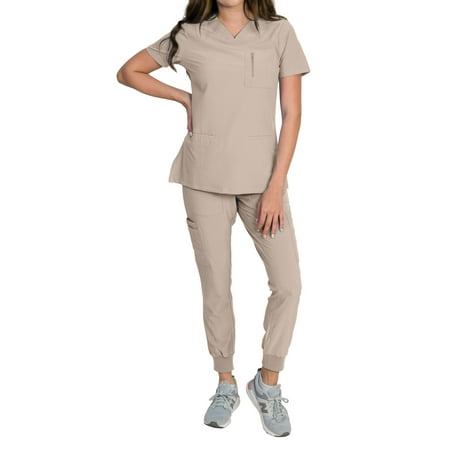 

Medgear Fleur Women s Stretch Scrub Set with Zip Pocket Top and Jogger Pants Sand X-Large