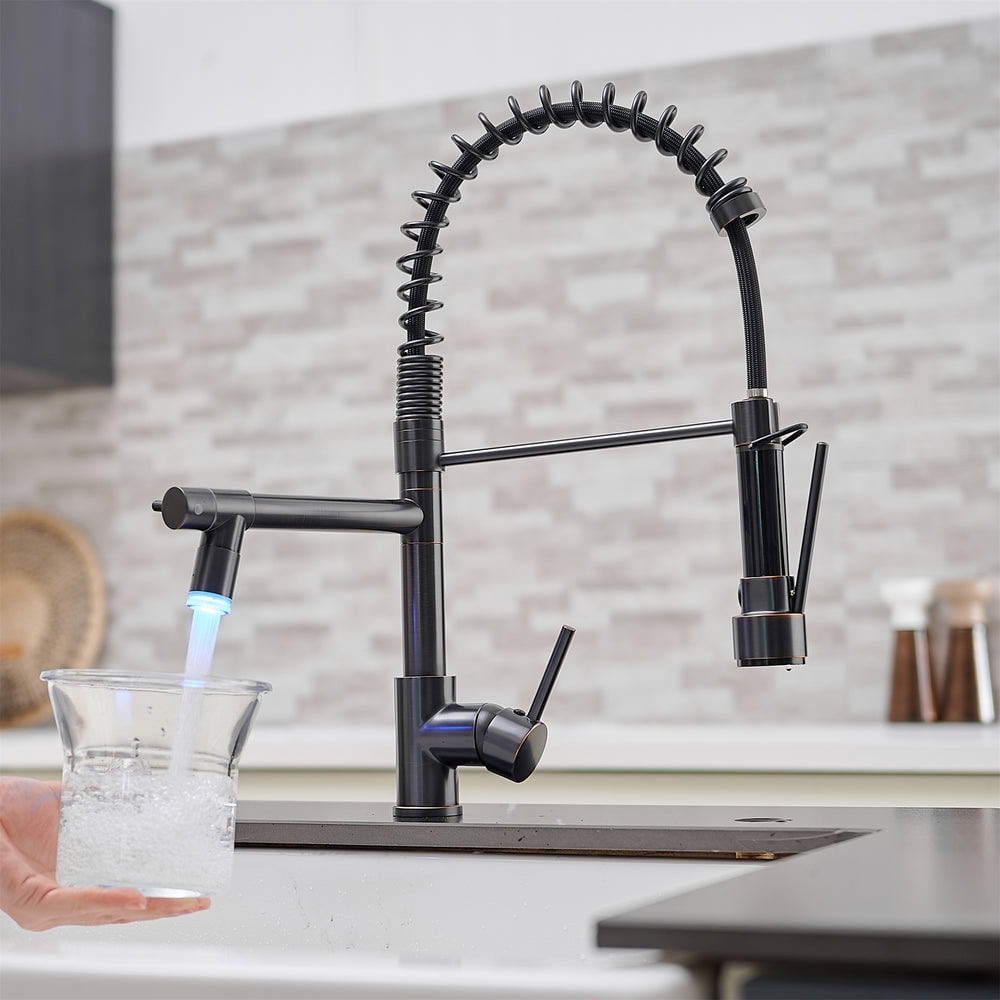 ANGELES HOME LED Kitchen Faucet with Single-Handle, Pull Down Sprayer Kitchen Faucet, Kitchen Sink Faucet with Double Spout in Oil Rubbed Bronze