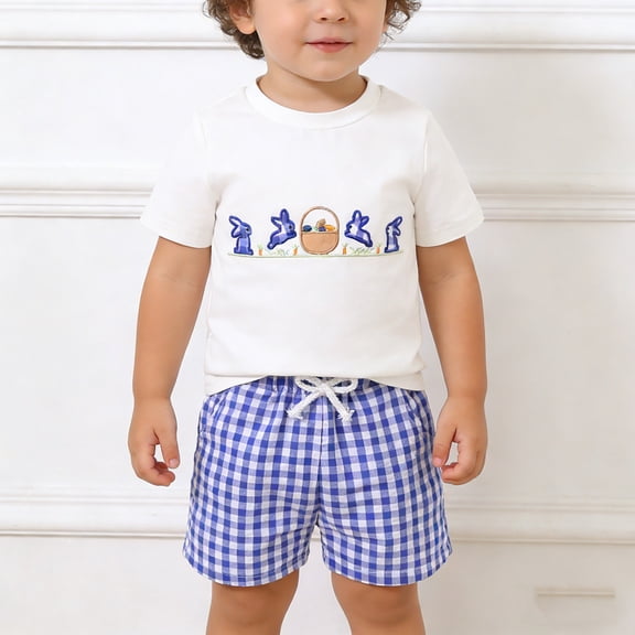 MAIHAN Toddler Baby Boy Easter Outfit Bunny Embroidered Short Sleeve Top and Plaid Shorts Outfit,Holiday Party Wear Summer Casual Clothing(White,18_24 Months)