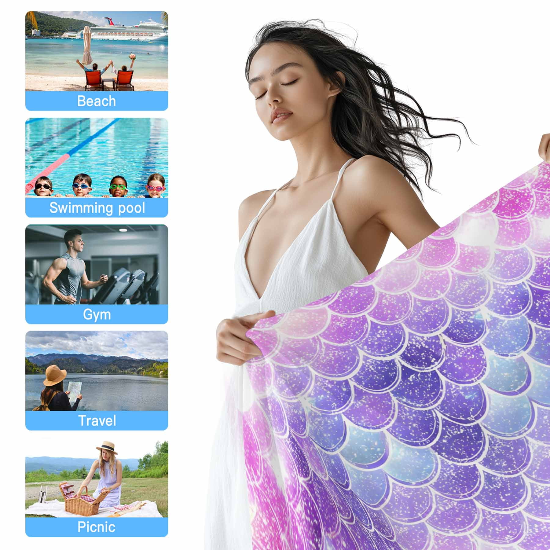 Purple Pink Mermaid Scales Beach Towels Blanket Soft&Absorbent Quick Dry Microfiber Gradual Fish Scale Pattern Pool Towels for Swimming ,Yoga, Sports, Gym, Camping,Large 35X70in,
