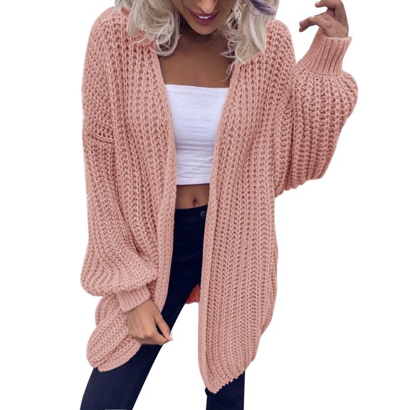 Long Cable Knitted Sweater Autumn Women Coat Open Front Warm Pullover Pockets Round Neck Outwear Fashion Loose Knitwear Solid Color Cardigan