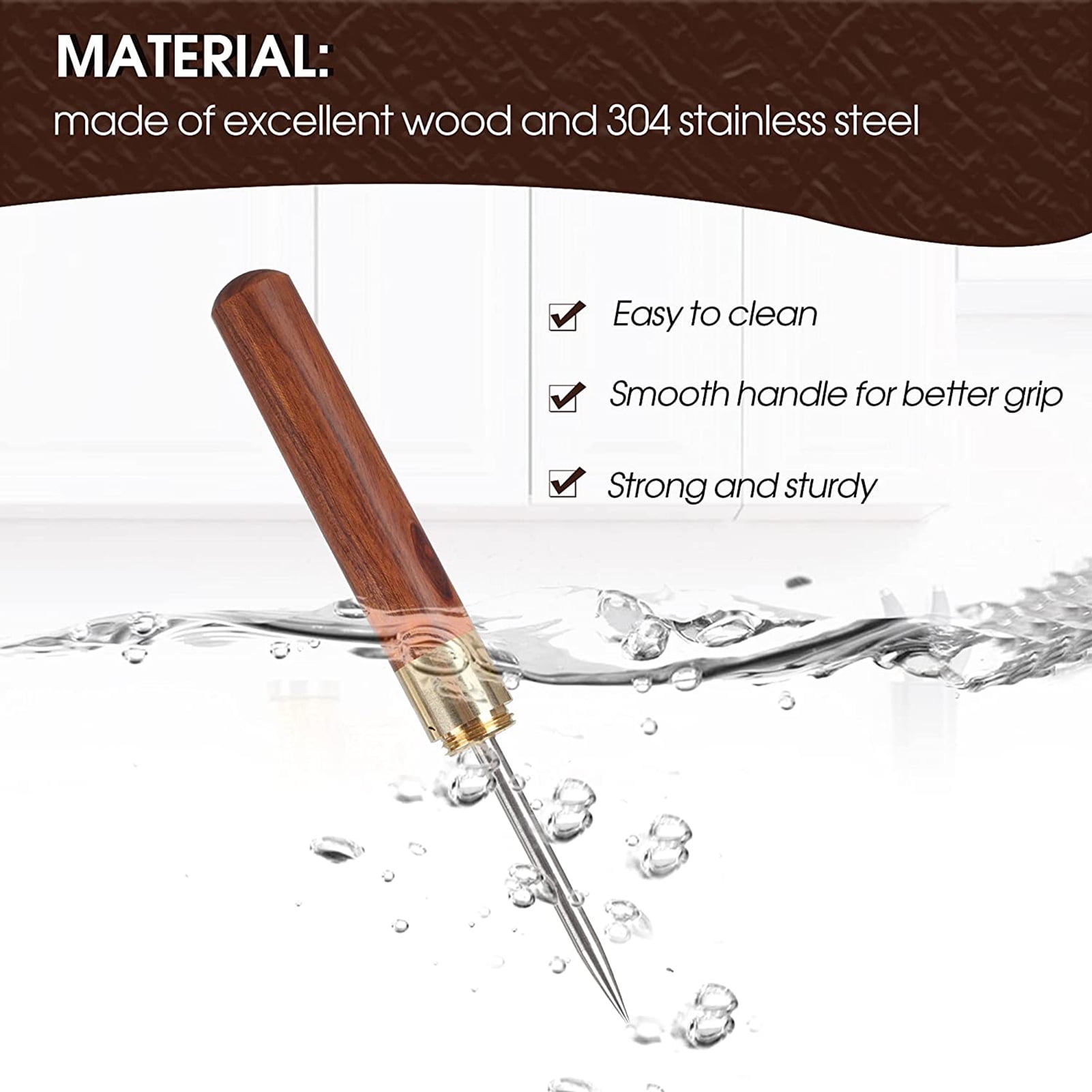 Stainless Steel Ice Pick with Safety Cover, Pick Tool for Breaking Ice,  Non-slip Wooden Handle for Easy to Grip, 6.18/6.69 Inches Length 