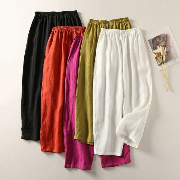FRSASU Womens Cotton Linen Wide Leg Pants Solid Color High Waisted Baggy Loose Casual Pants White XL(XL)
