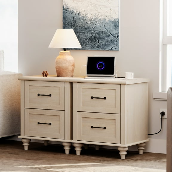 Set of 2 Nightstands Side Table with Charging Station, Elegant Night Stand Bedside Table for Bedroom, Dorm, Living Room