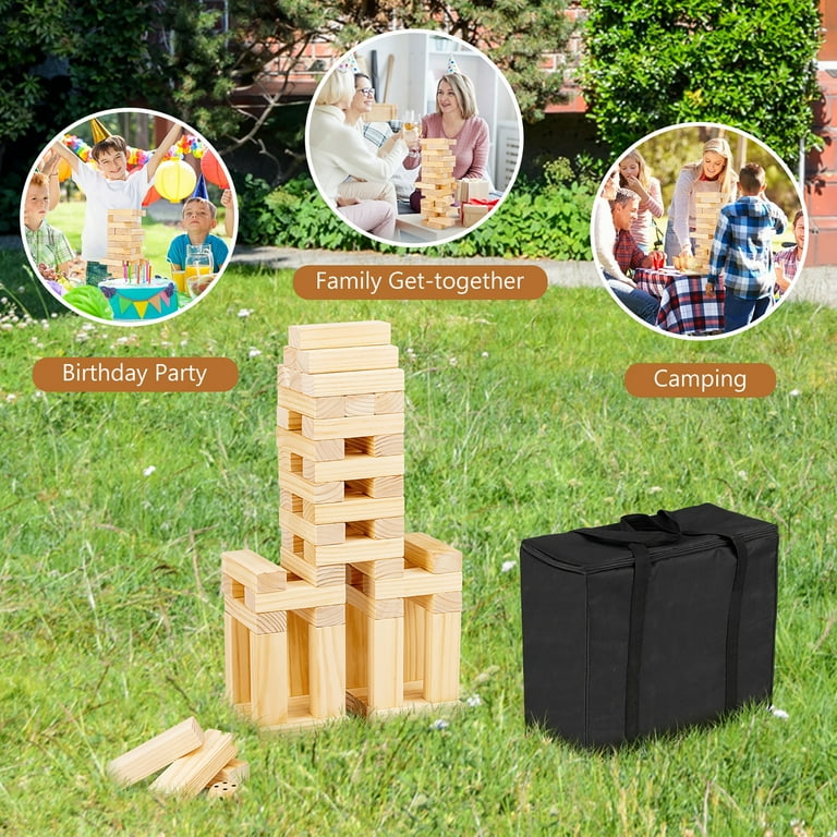 Costway Giant Tumbling Timber Toy 54 PCS Wooden Blocks Game w/ Carrying Bag  