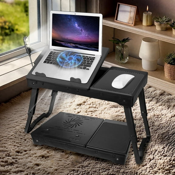 TeqHome Foldable Lap Desk with Fan and Light Height & Angle Adjustable Laptop Table for Bed and Sofa Black