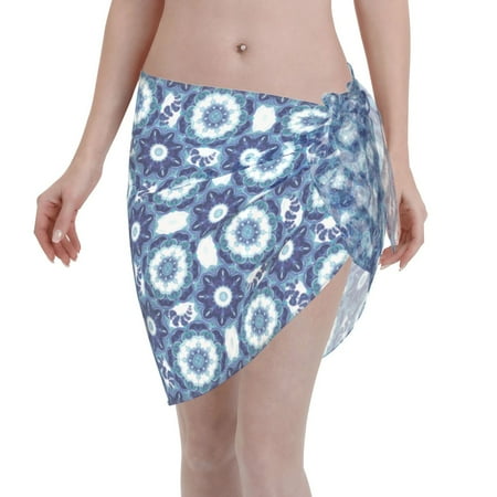 Qekee Vintage Blue Women s Short Sarongs Cover Ups Sheer Bikini Wraps for Swimwear