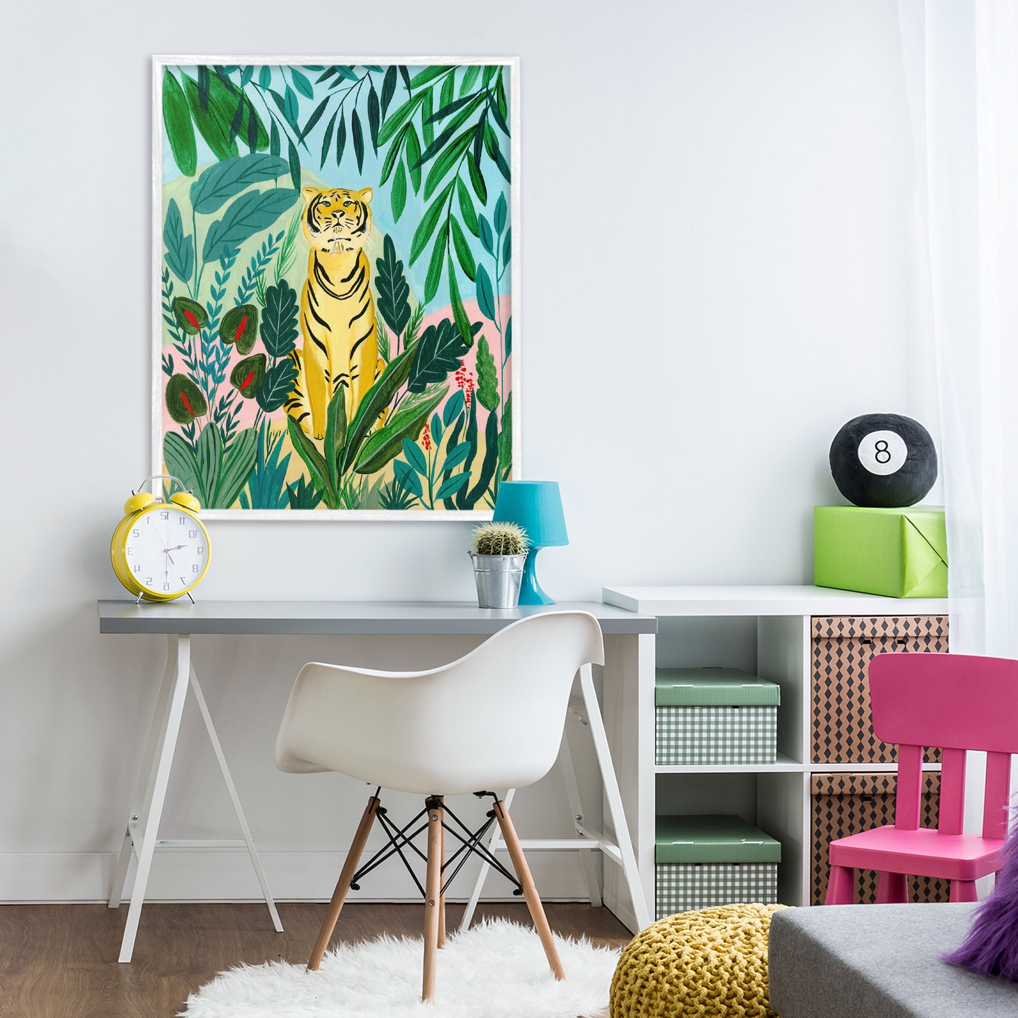 Stoic Tiger Tropical Forest White Framed Giclee Art, design by Nabeela Rumi