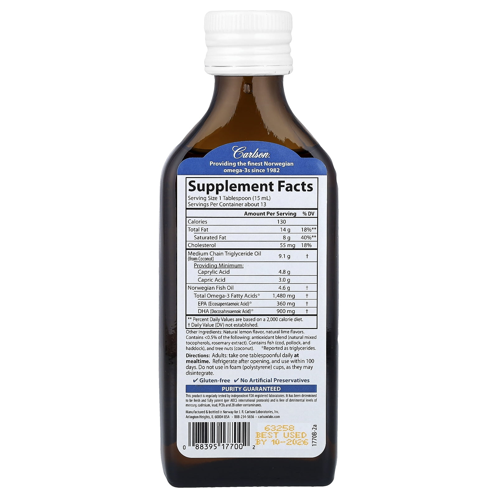 Carlson MCT & Omega-3, Natural Lemon Lime,  6.7 fl oz (200 ml)