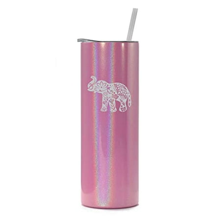 

20 oz Skinny Tall Tumbler Stainless Steel Vacuum Insulated Travel Mug Cup With Straw Cute Elephant (Pink Iridescent Glitter)
