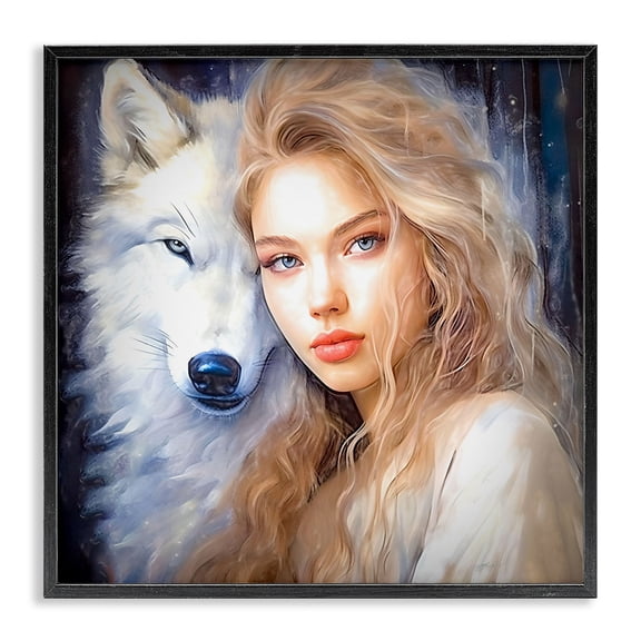 Stupell Industries Transitional Woman with White Wolf Black Framed Giclee Art, 12 x 12, by Lena Owens