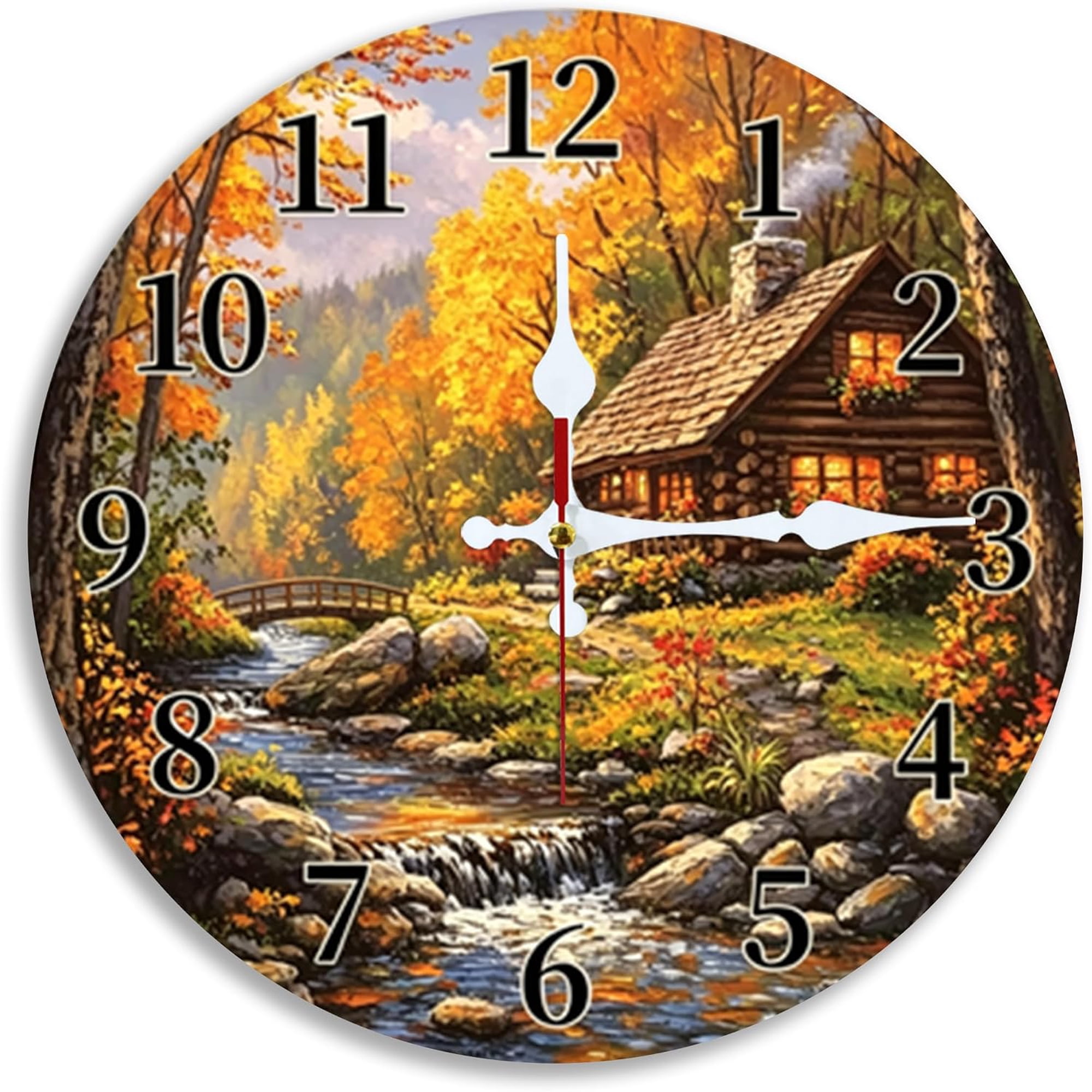 Autumn Wood Cabin Riverside Cottage 2D Wall Clock, Silent Non Ticking, 12x12 inch, Study, Seasonal Decor, Battery Not Included