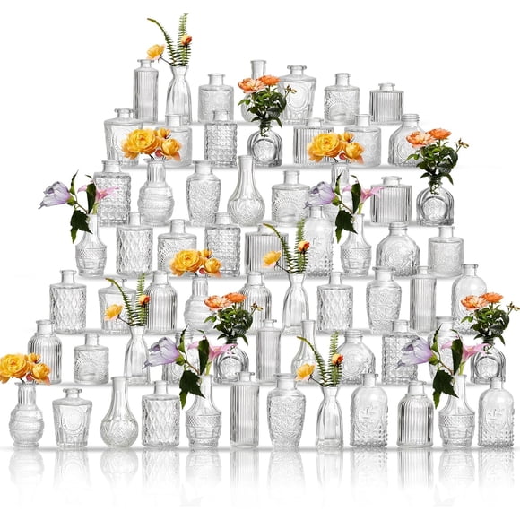 Glass Bud Vases Set of 64 - Assorted Small Mini Glass Vases for Flowers, Crystal Vintage Vase Set, Bulk Centerpieces for Table Décor, Wedding, Home and Events (Clear, 64 Pcs)