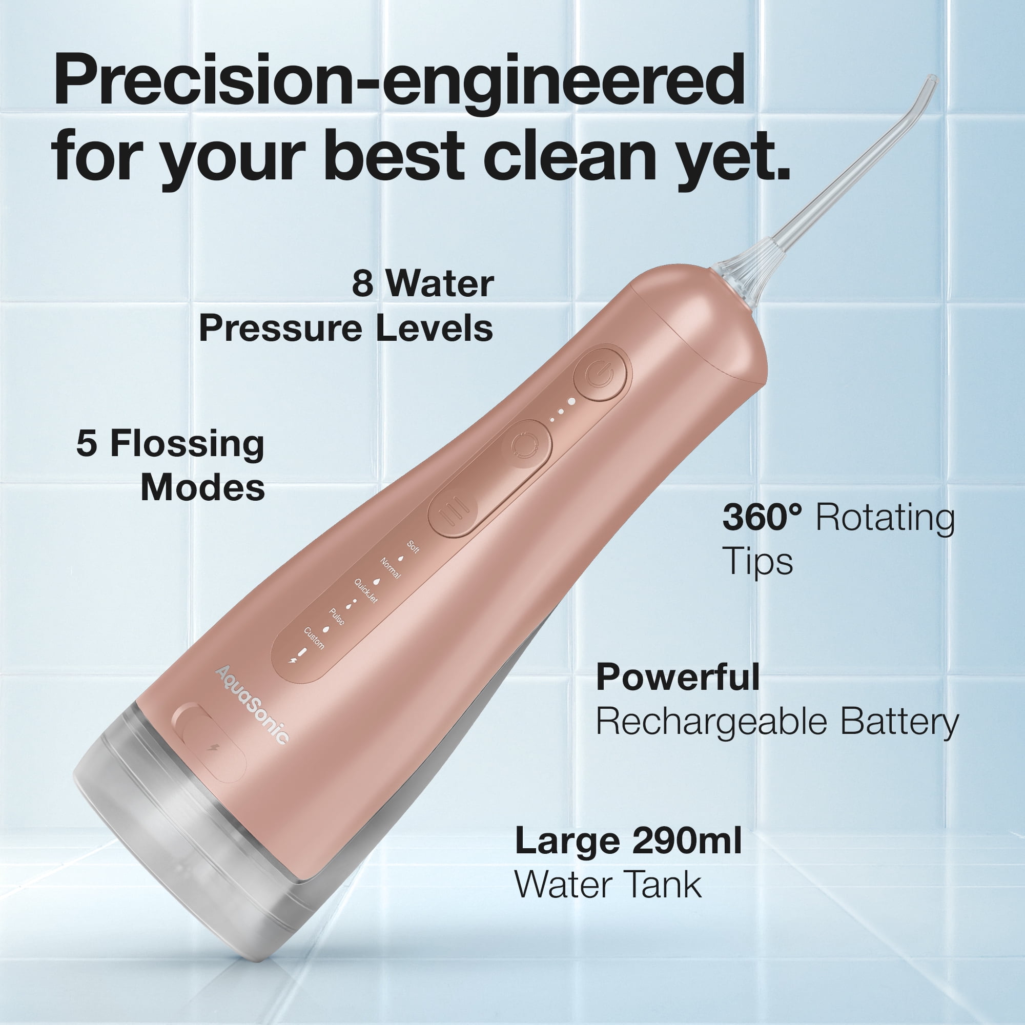 AquaSonic Precision Rechargeable Cordless Water Flosser with Travel Bag and 2 Standard Flossing Tips - Rose Gold