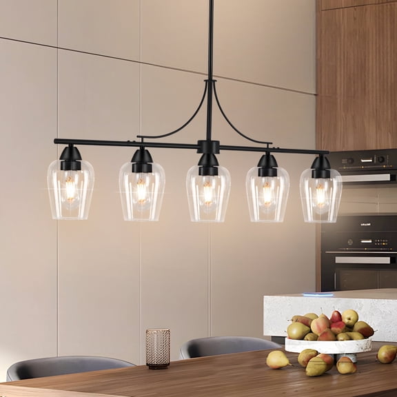 Uznhty Dining Room Linear Chandelier Modern 5 Lights Kitchen Island Black Pendant Light with Clear Glass Shade Adjustable Height Dia 36 Inch