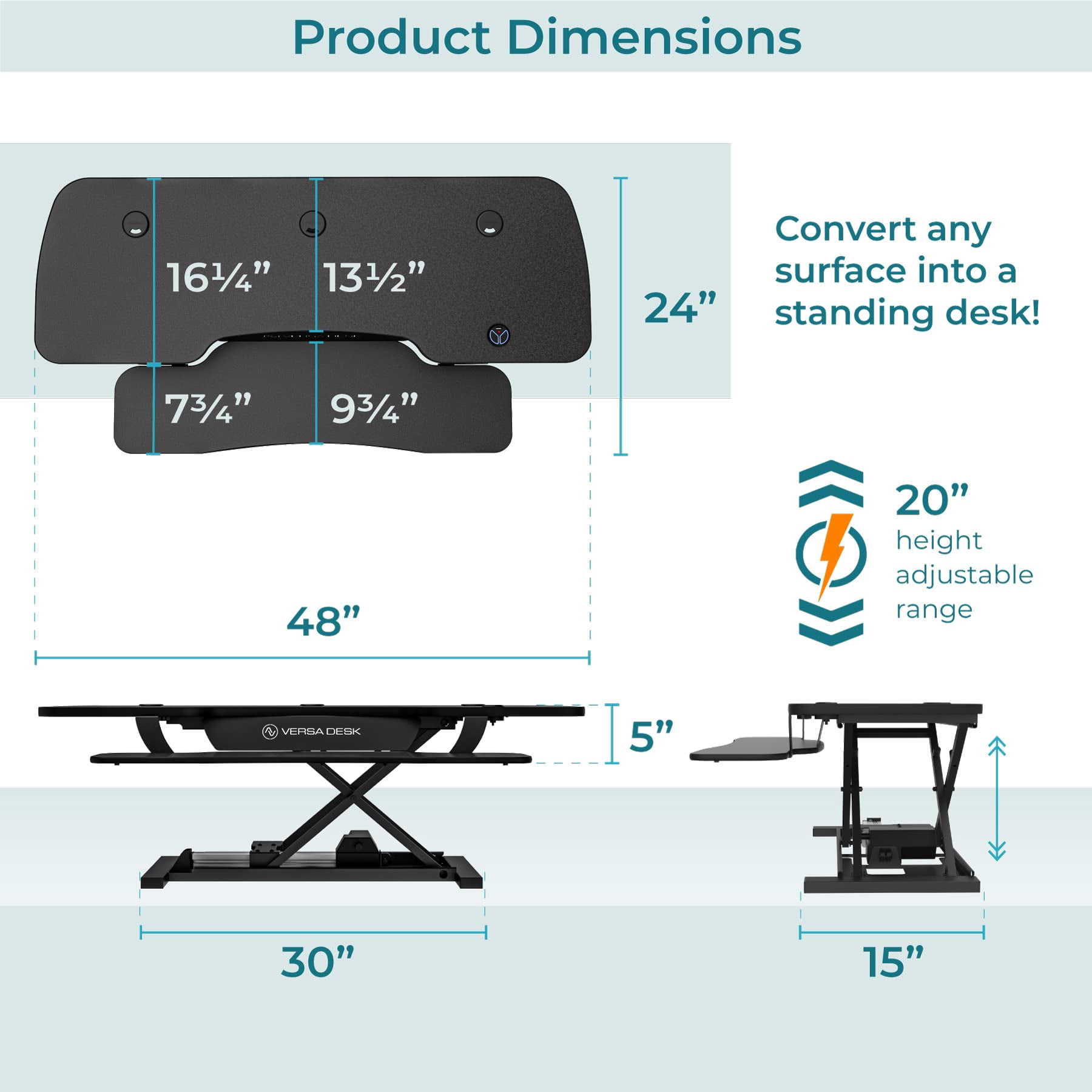 VersaDesk® 48"x24" Extra Wide Electric Height Adjustable Standing Desk Converter for Multi Monitor & Laptop Workstations, Black, w/ USB Charging Port