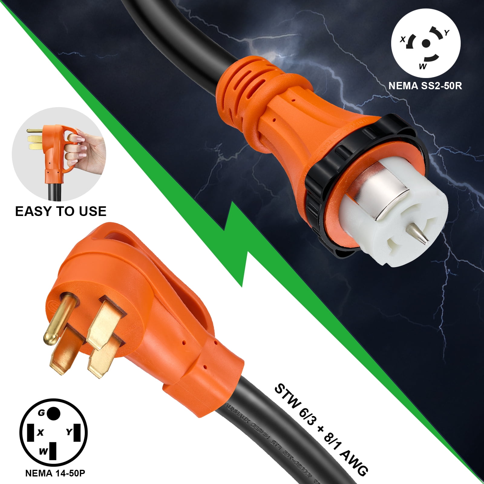 50 Amp Generator Extension Cord with Power Inlet Box, Heavy Duty 3 Prong Extension Cord Twist Locking Adapter Plug for RV Camper & Generator to House, ETL Listed