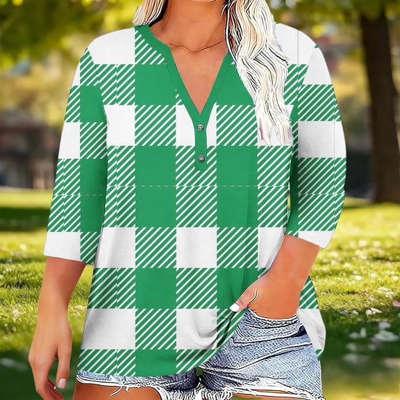 Xuyuer Womens Plus Size Tops 3/4 Sleeve Blouses Summer V Neck Shirts Smocked Cuffs Spring Outfits 1X-5X Casual Loose Tunic Tops Dressy T Shirts Loose Summer Business Work Blouses