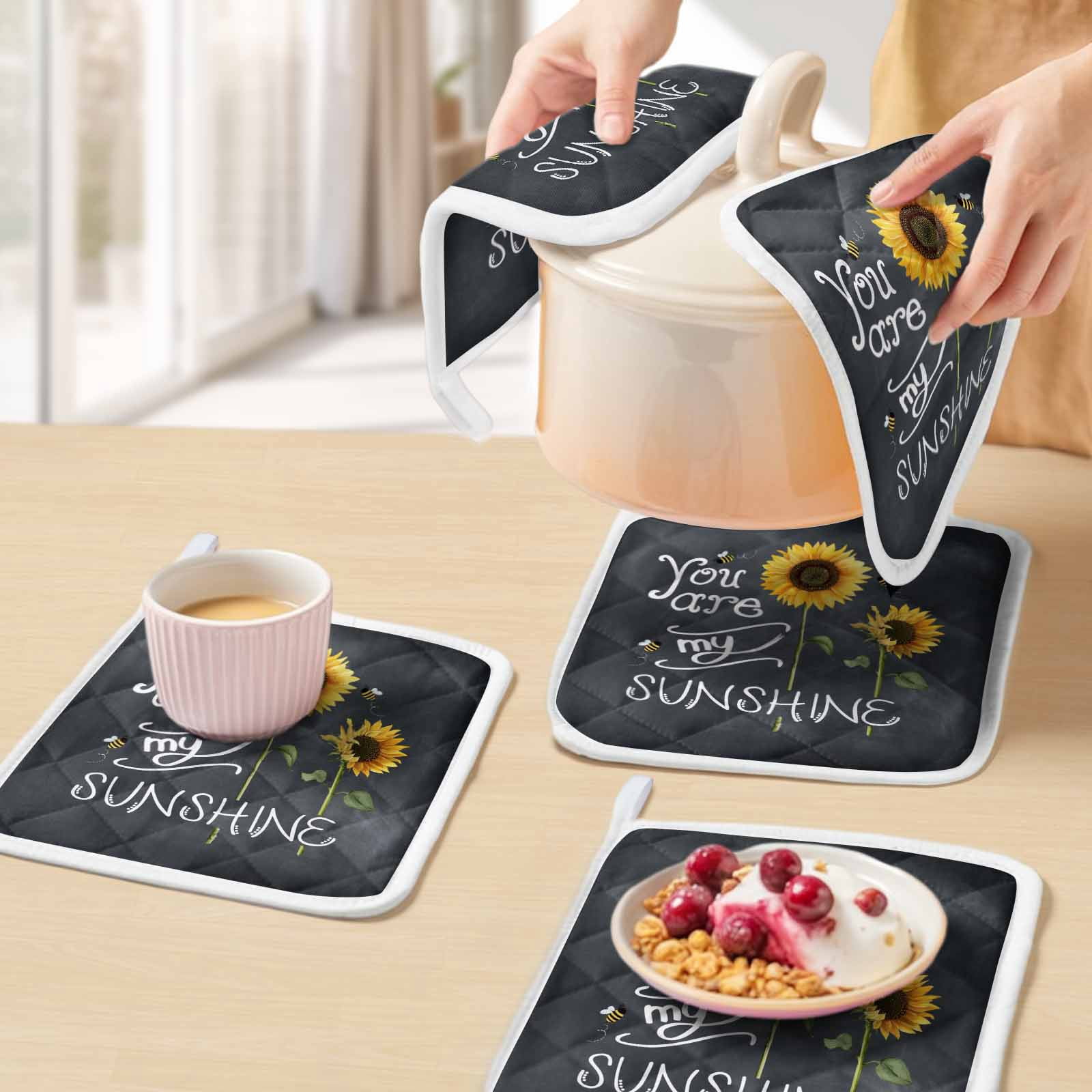 Sunflowers Pot Holders for Kitchen Heatproof Potholder, 4 Pack Classic Bee You Are My Sunshine Black Hot Pads Multipurpose Oven Pads Cloth Potholders Trivet for Cooking and Baking