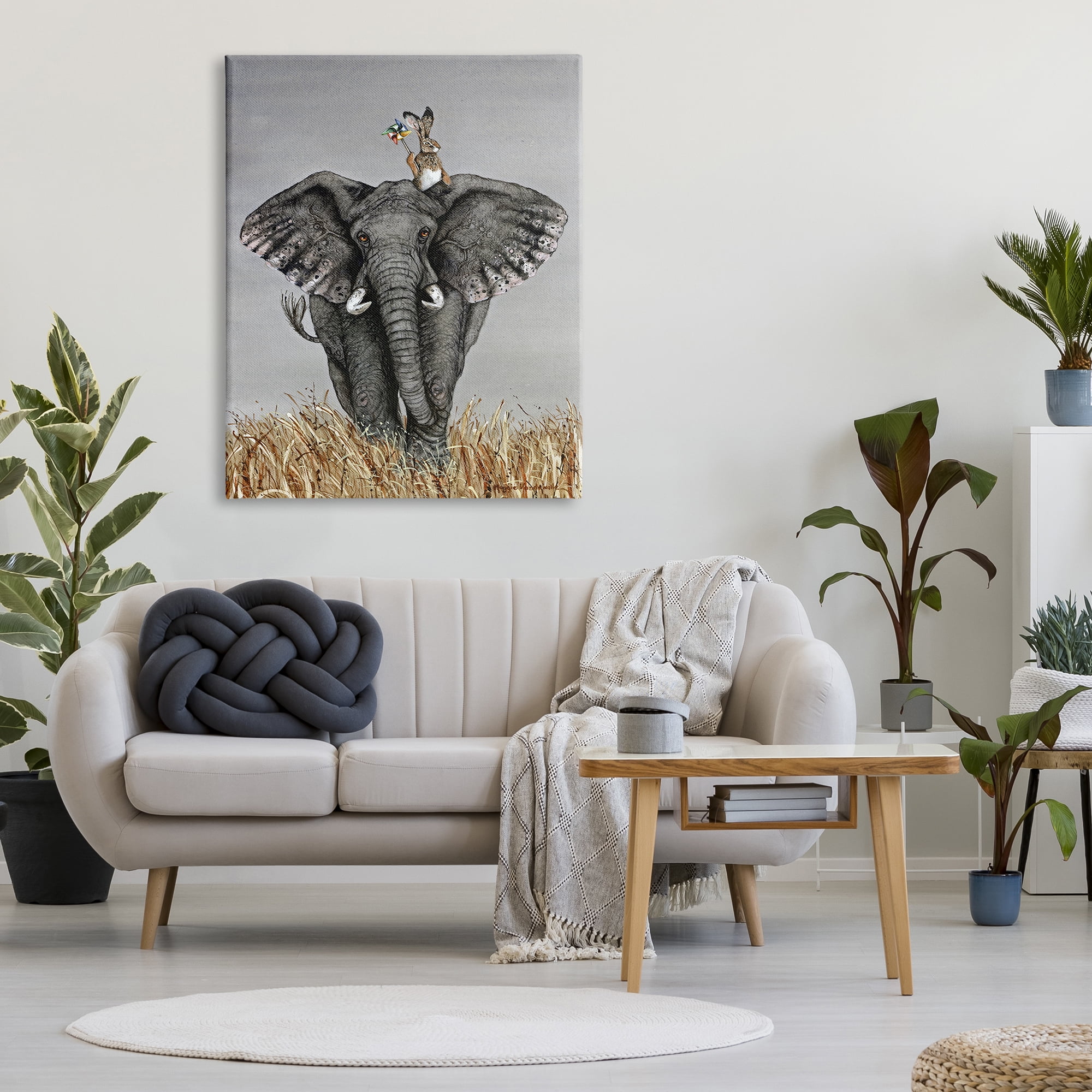 Stupell Industries Elephant & Rabbit Landscape Animals & Insects Painting Gallery Wrapped Canvas Print Wall Art, 36 x 48