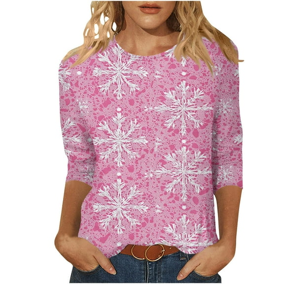 Cavosen Christmas Womens Sweaters Cute Crew Neck 3/4 Length Sleeve Funny Pullover Santa Solid Loose Blouses Lightweight Party Shirt Tops