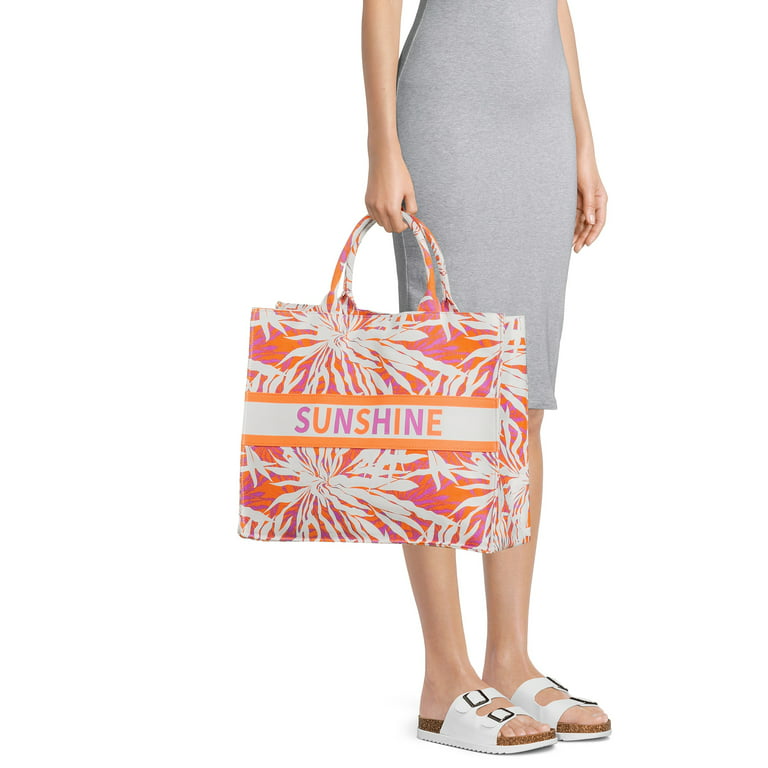 No Boundaries Women's Sunshine Canvas Print Beach Tote Handbag, Orange/Pink  