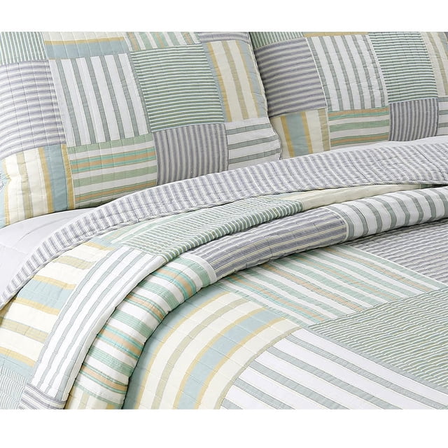 Comforter Set Queen Size 3-Piece Coverlet Set for Night Sleep Bedding Quilt with Green Yellow Blue Plaid Striped Real Patchwork