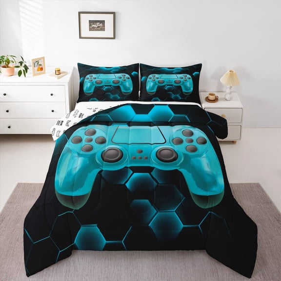 Erosebridal Vintage Gamepad Comforter Sets Twin Size, Neon Blue Comforters & Duvets, Honeycomb Geometry Decor, Microfiber