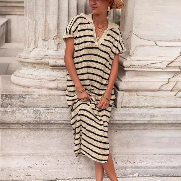 Baycosin Women Fashion Casual Loose Versatile Striped Dress V Neck Low Slit Sweater Dress Walmart