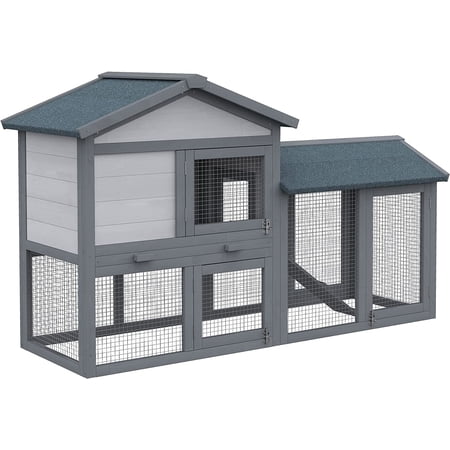 LEHOME 58" Rabbit Hutch, Wooden Bunny Hutch, Guinea Pig Cage, Small Animal Enclosure with Run Area, Removable Tray, Asphalt Roof, Lockable Doors and Ramp, Dark Gray