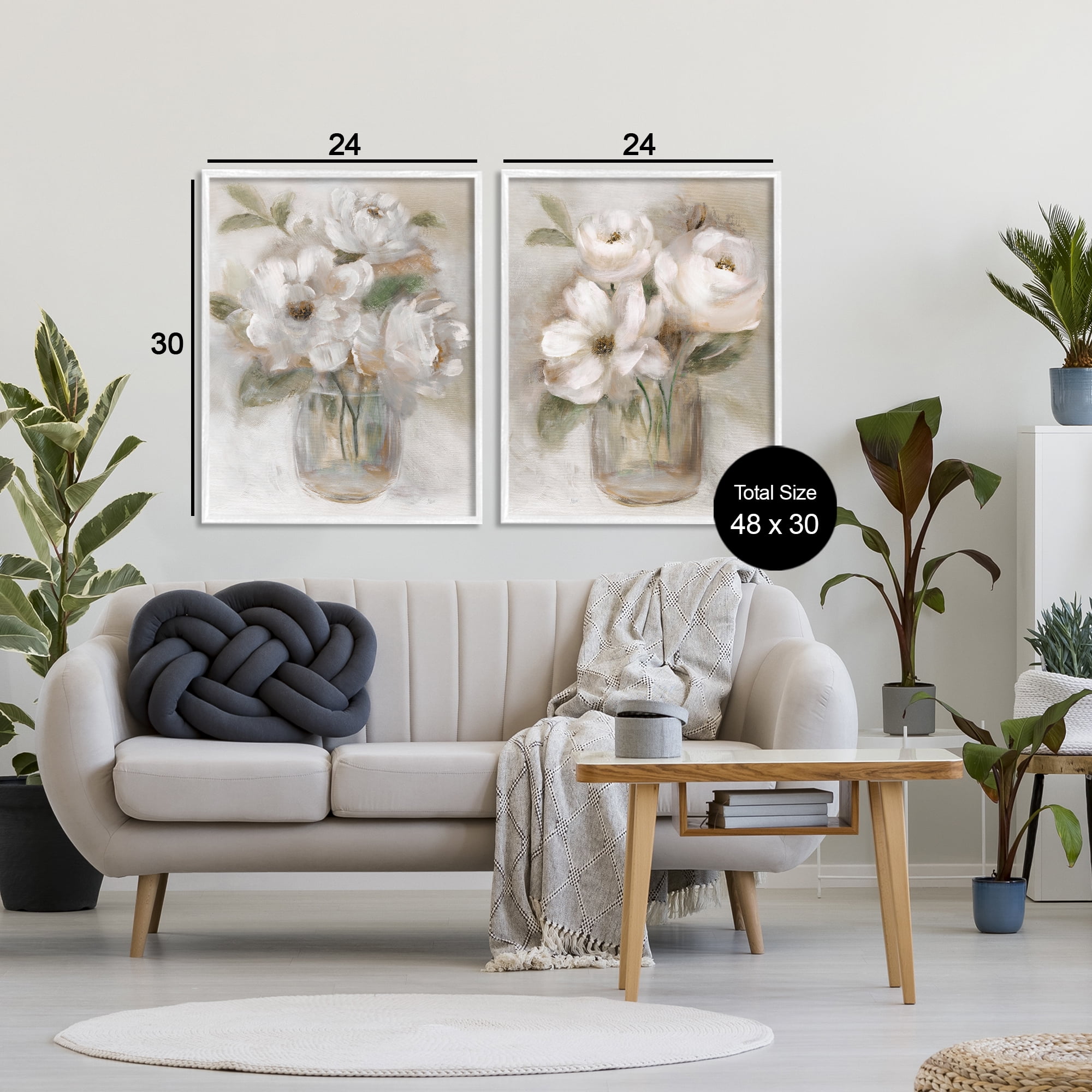 Stupell Industries Brushed White & Beige Roses 2 Piece White Framed Giclee Art Set, design by Nan